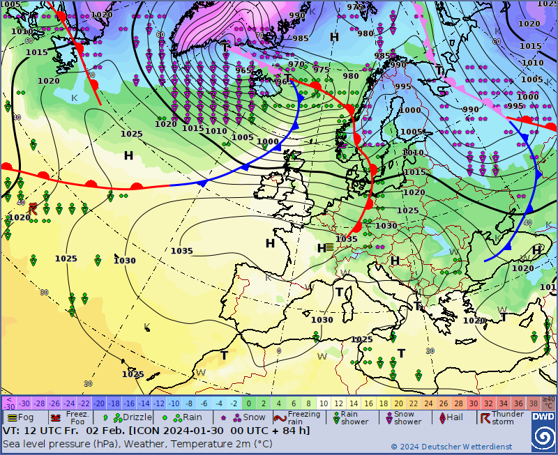 Wetterkarte des DWD über Europa mit Tief und Kalt- und Warmfront